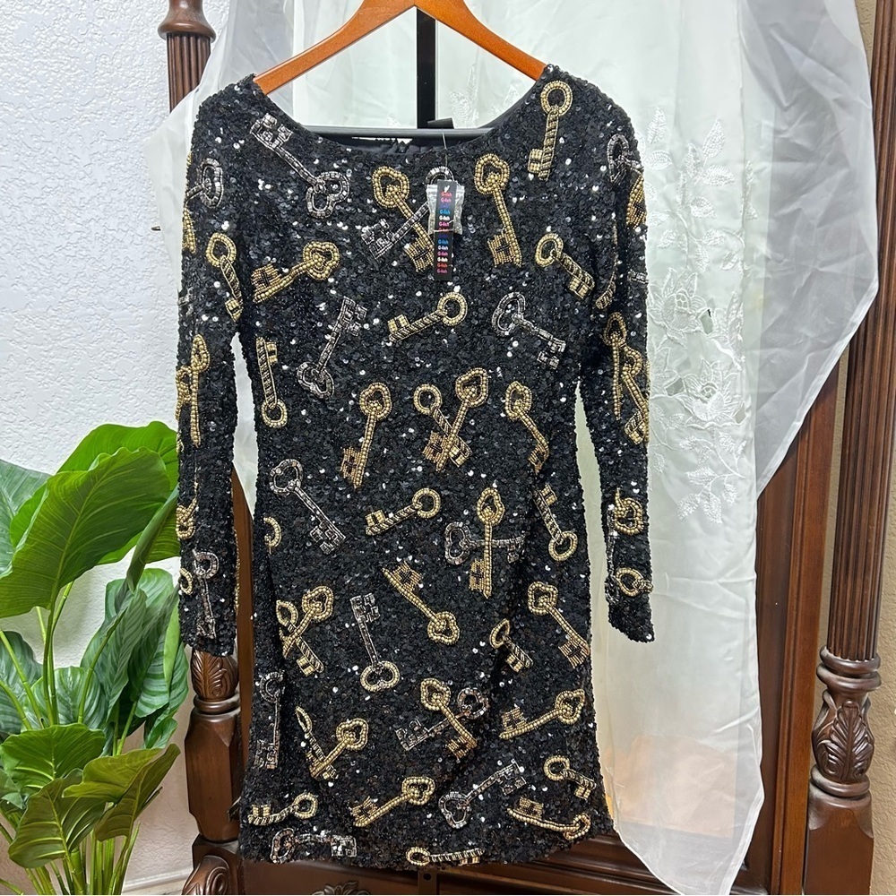 Silk Sequin black dress with key embellishments all over medium G-lish